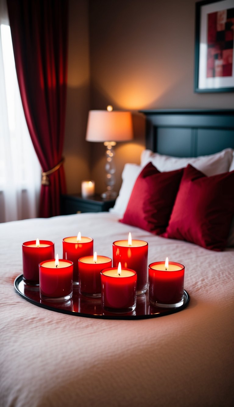 A cozy bedroom with crimson scented candles casting a warm glow, creating a romantic and inviting atmosphere. Rich red accents add a touch of elegance to the space