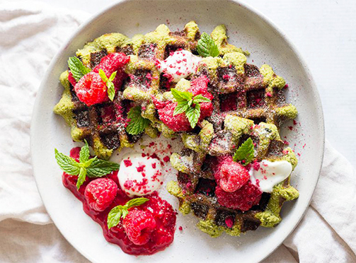 Matcha Waffles with Raspberry Coulis