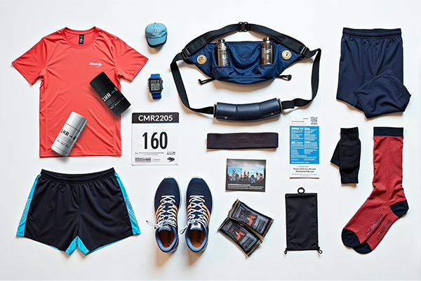 Flat lay of essential marathon gear, including apparel, shoes, hydration belt, race bib, and 1HR-A Anti Chafe &amp; Muscle Recovery Balm.