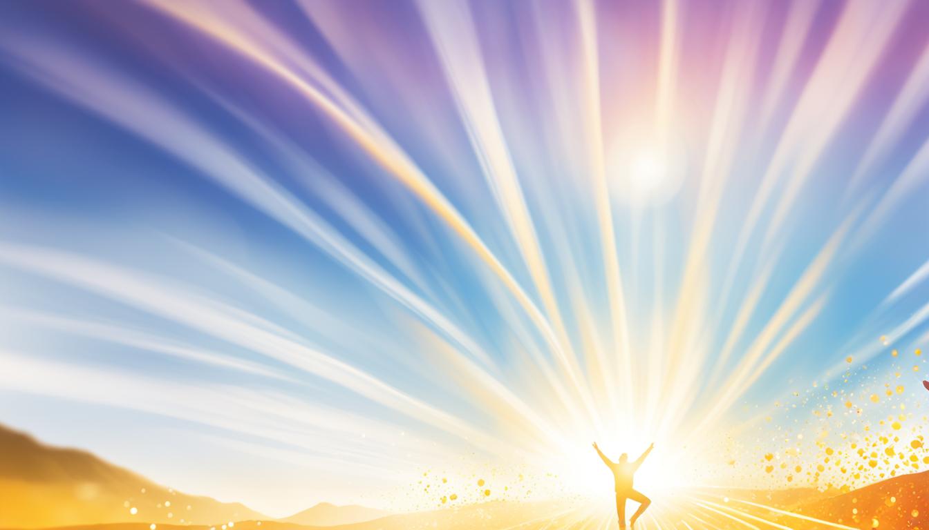 A person standing on a mountain top, with arms raised high in the air. The sun is shining down on them, illuminating their face and casting warm, golden light all around. The person's eyes are closed, as if they are deep in meditation or prayer. All around them, tiny specks of light dance and swirl, representing the person's positive energy and high vibration. In the distance, you can see their dreams and desires coming to life, taking shape and becoming reality. Use bold colors and dynamic lines to convey the energy and excitement of this moment of manifestation.