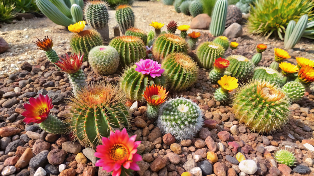 Cactos com flores coloridas são Plantas para Jardim árido com solo seco e pedras.