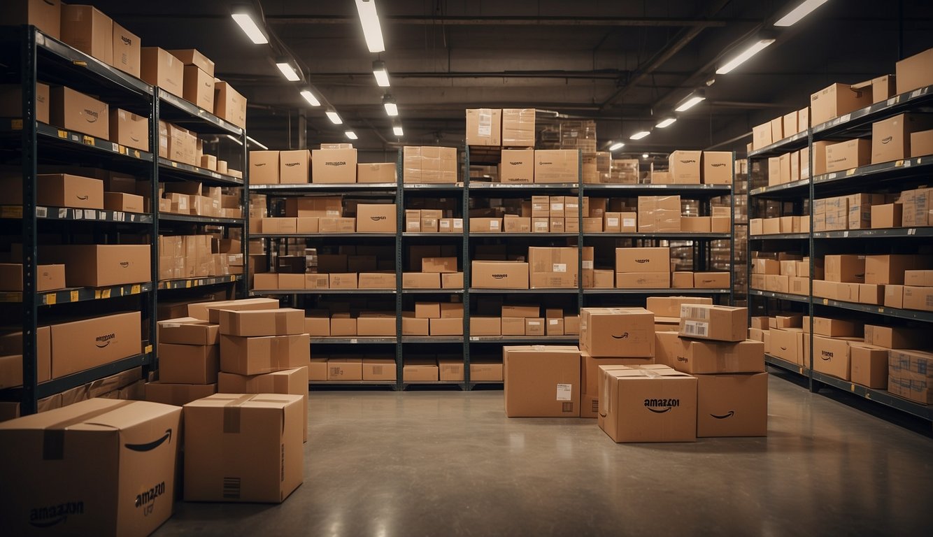 Various products neatly arranged on shelves with Amazon's logo prominently displayed. Packages ready for shipping with the Amazon logo and address labels