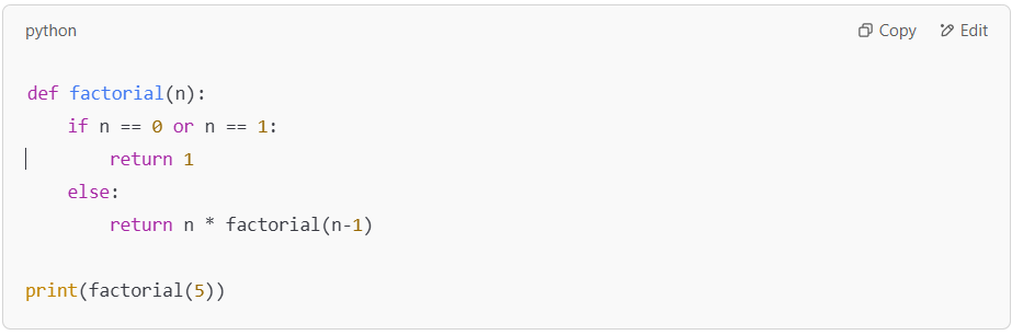 Python factorial function using recursion.