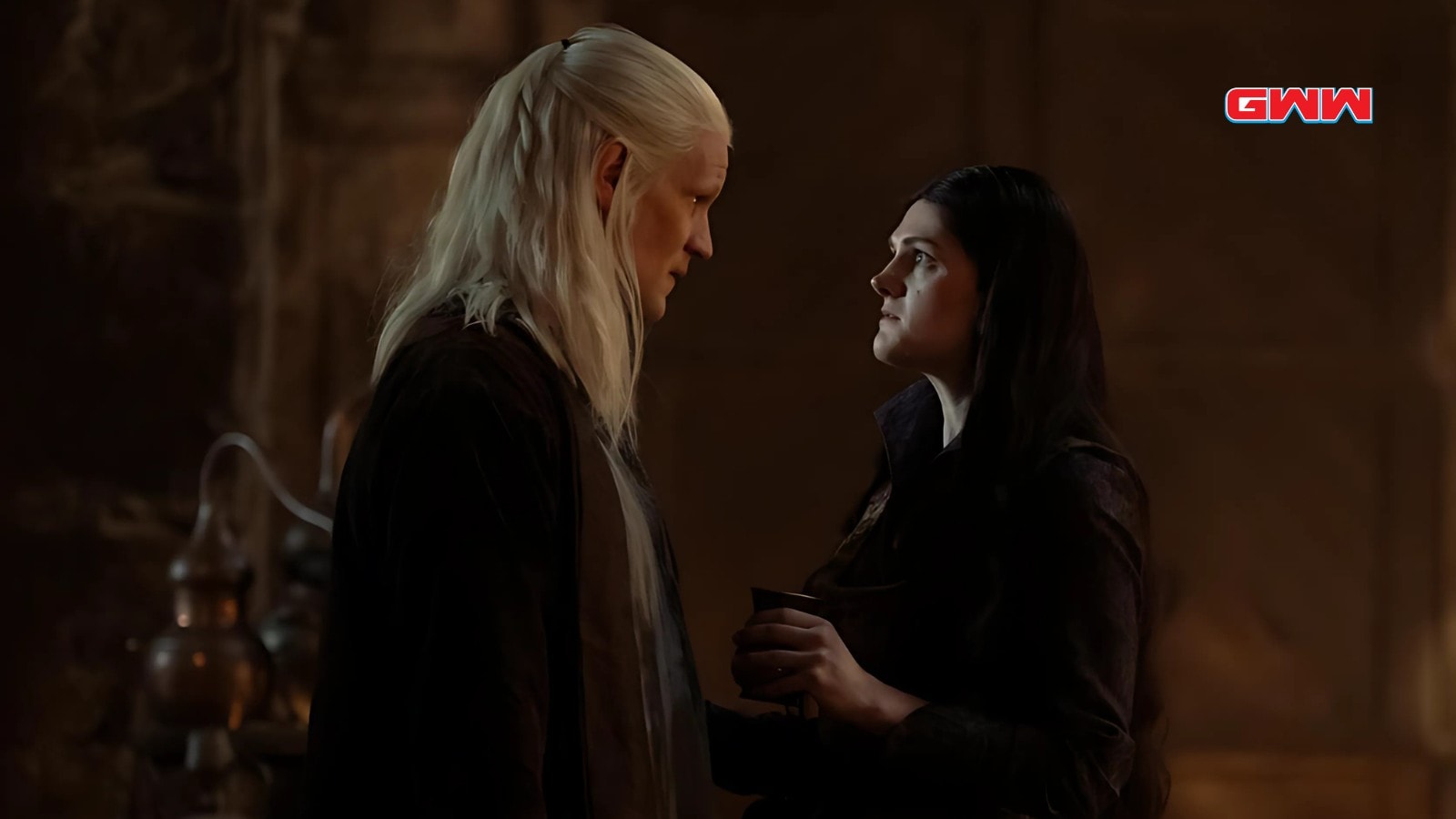 Matt Smith and Bethany Antonia intense scene inside dim-lit castle chamber