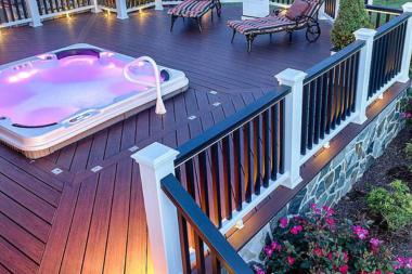 top deck designs for enjoying northern michigan integrated decking hot tub with lounge chairs custom built boyne city