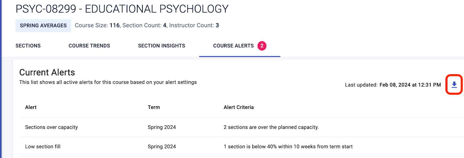 The button at the far right lets you download the alert data as CSV