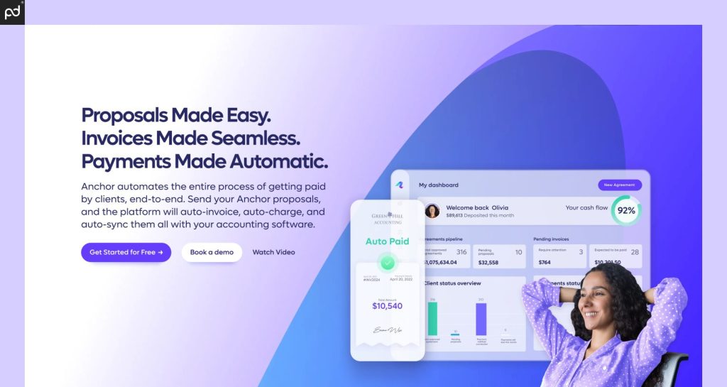 An Image Of The Anchor Homepage. The Page Reads “Proposals Made Easy. Invoices Made Seamless