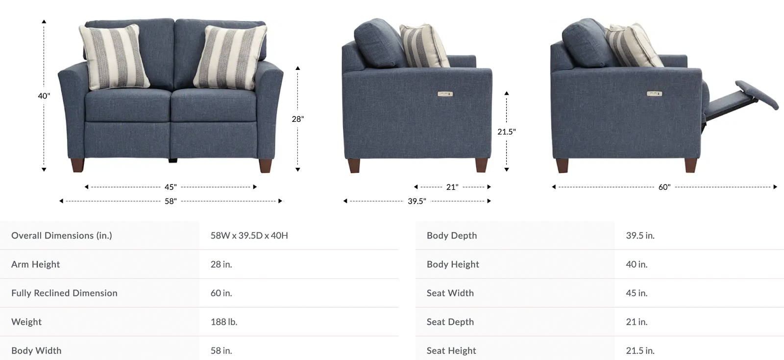 roscoe duo reclining loveseat size