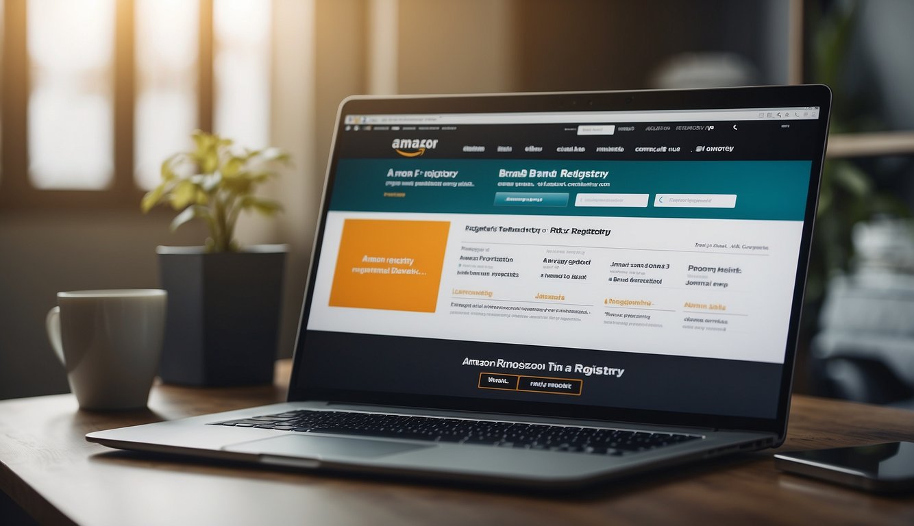 A computer screen displaying the Amazon Brand Registry homepage. A user fills out registration forms and uploads brand information and documents