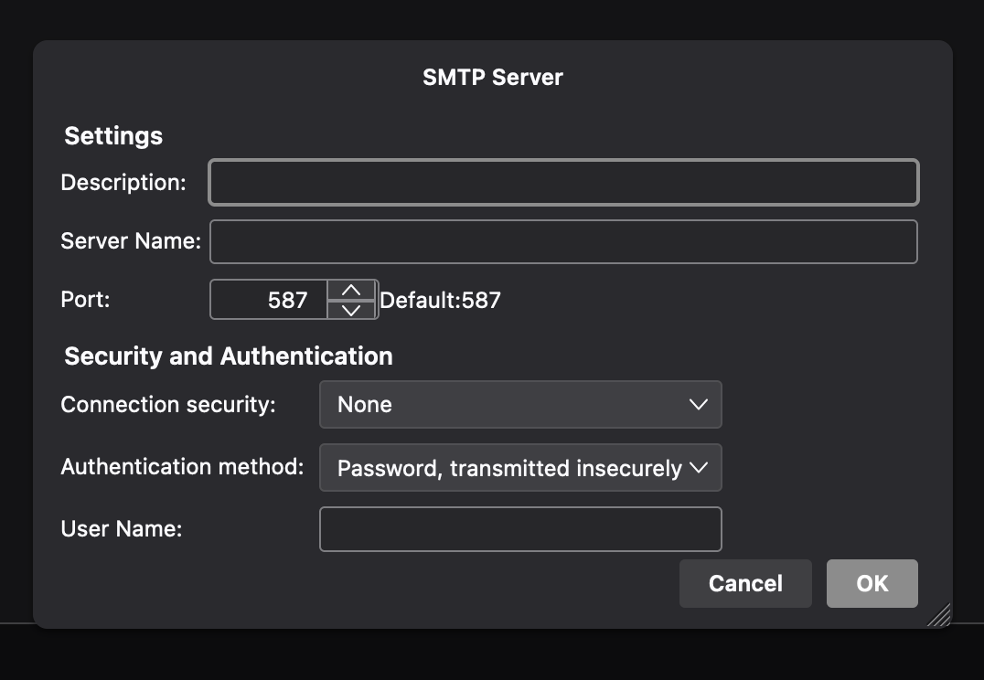 Thunderbird SMTP server credentials menu