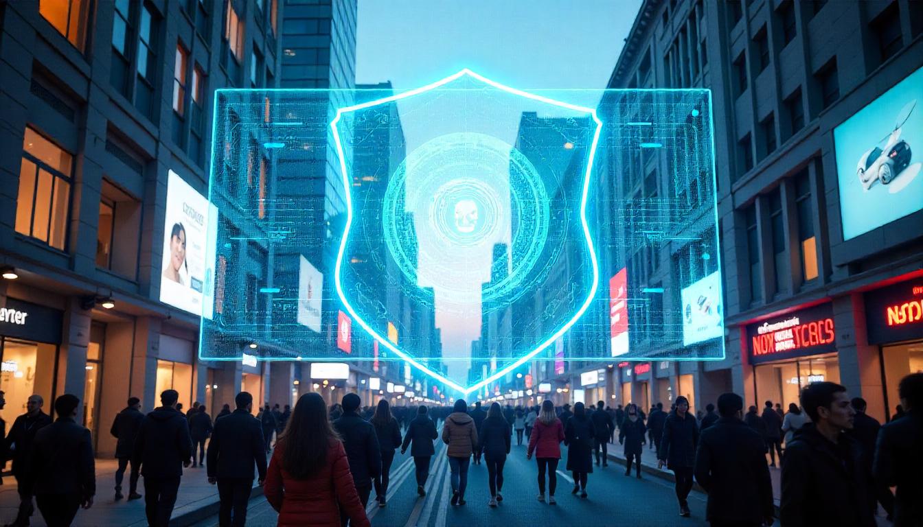 The striking, holographic security shield projected above the busy urban street in this image represents the benefits of scalable security solutions, where a comprehensive, flexible framework can adapt to safeguard an ever-evolving cityscape and its diverse population.