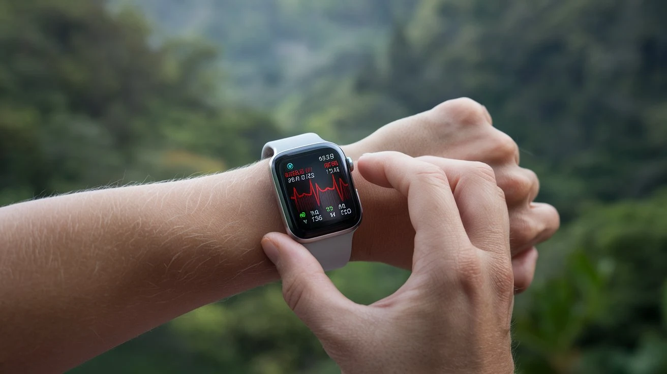 Image of a wearable device displaying heart rate data, with a focus on how it monitors and tracks heart health.