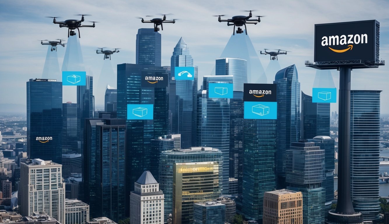 A futuristic city skyline with Amazon logos projected onto buildings, drones delivering packages, and digital billboards showcasing Amazon marketing strategies