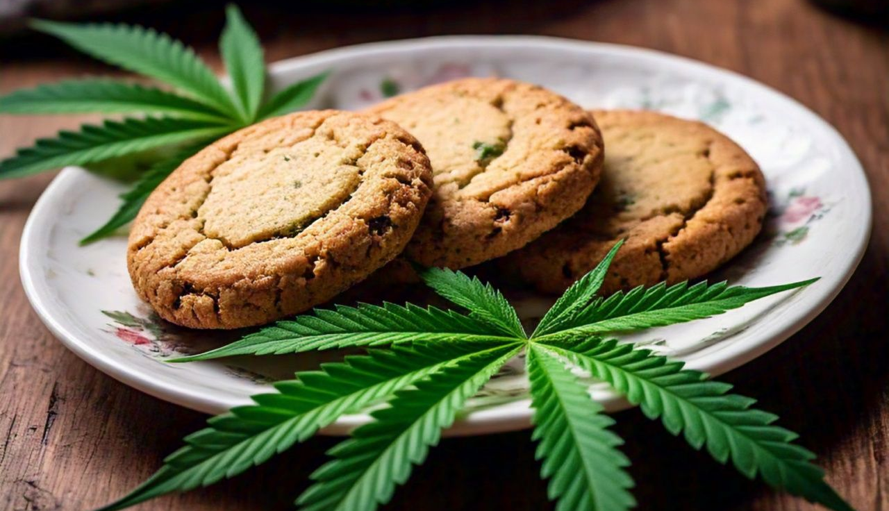 Three cookies on a floral plate, accented with cannabis leaves