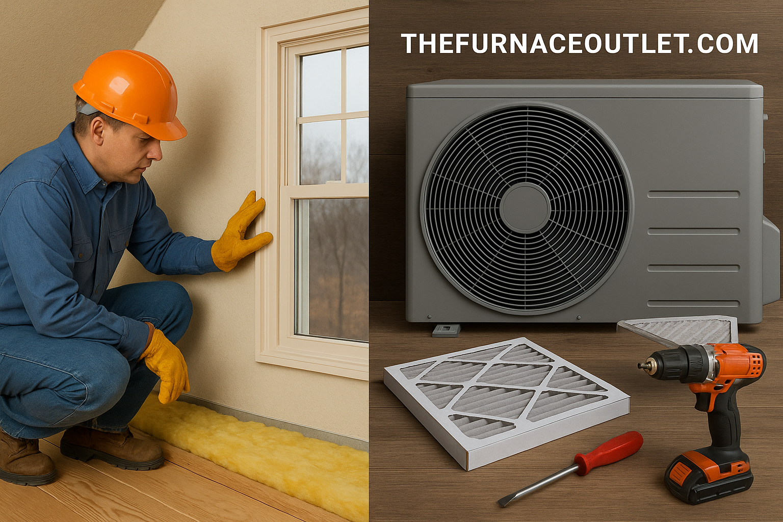 Split image showing a contractor inspecting window insulation on the left, and R32 AC condenser with air filters, a screwdriver, and drill on the right. Branding reads "TheFurnaceOutlet.com"