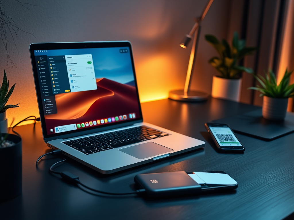 Create a realistic image of a sleek, modern desk setup with a laptop displaying the Ledger Live Desktop interface, a Ledger hardware wallet connected via USB, and a smartphone nearby showing a QR code. The scene is well-lit with warm, ambient lighting, creating a professional and tech-savvy atmosphere.