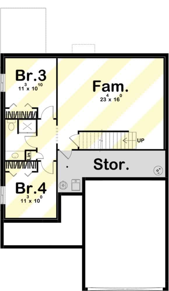 Optional lower level floor plan with a second family room and two bedrooms sharing a hall bath.