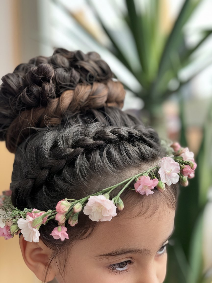 5. Braided Crown with Curled High Bun