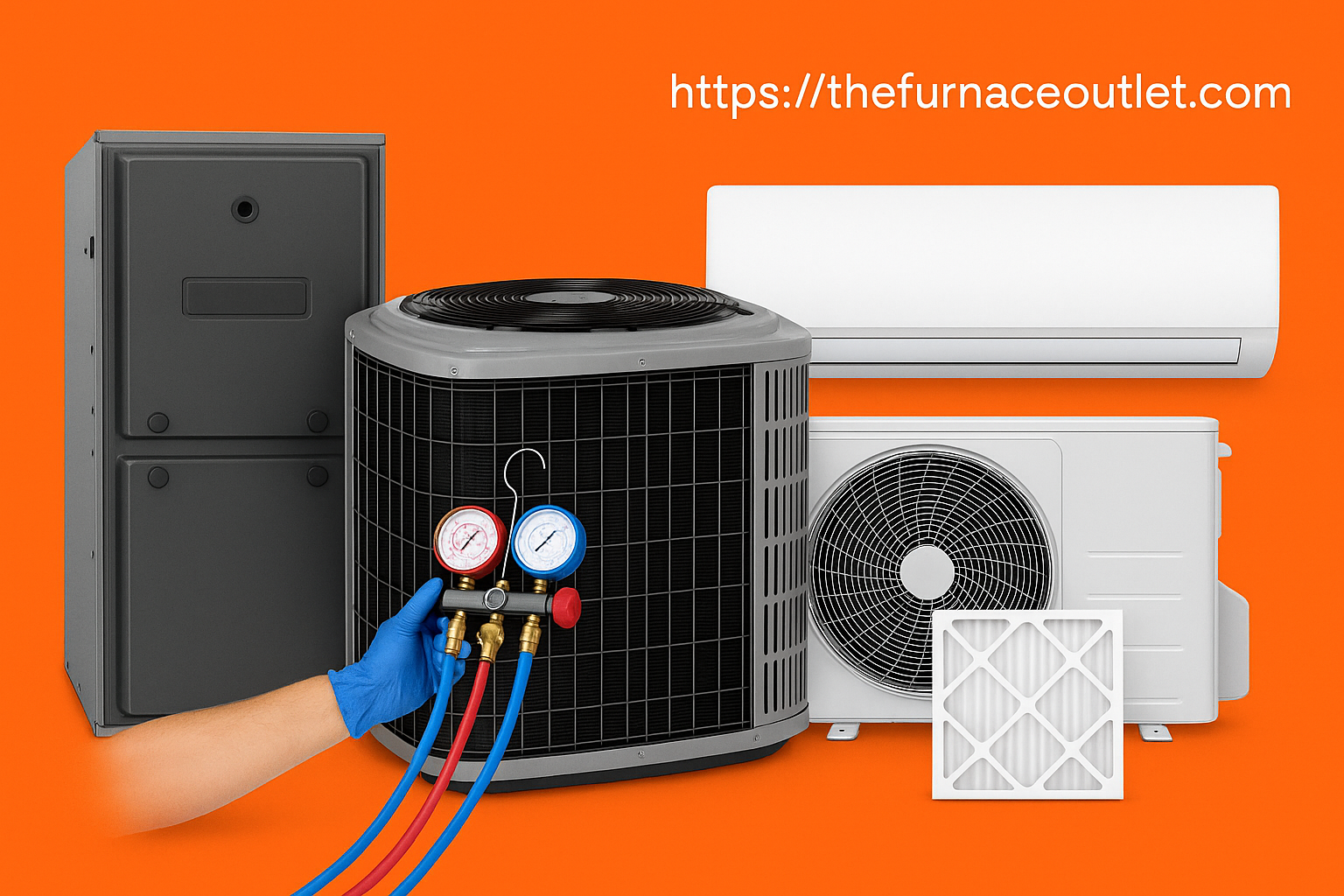 A promotional digital image for The Furnace Outlet features a technician’s gloved hand adjusting HVAC gauges on an outdoor unit, with surrounding products including a furnace, mini-split system, and air filter, all set against a bold orange background.