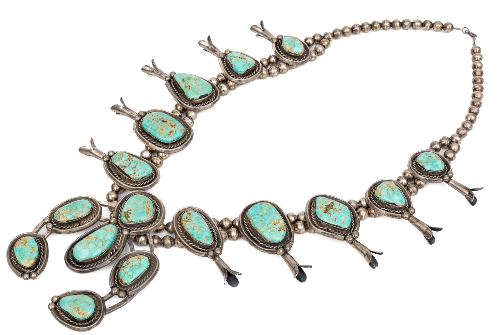 Sterling Silver Magnificent Vintage Long Turquoise Set Squash Blossom Necklace
