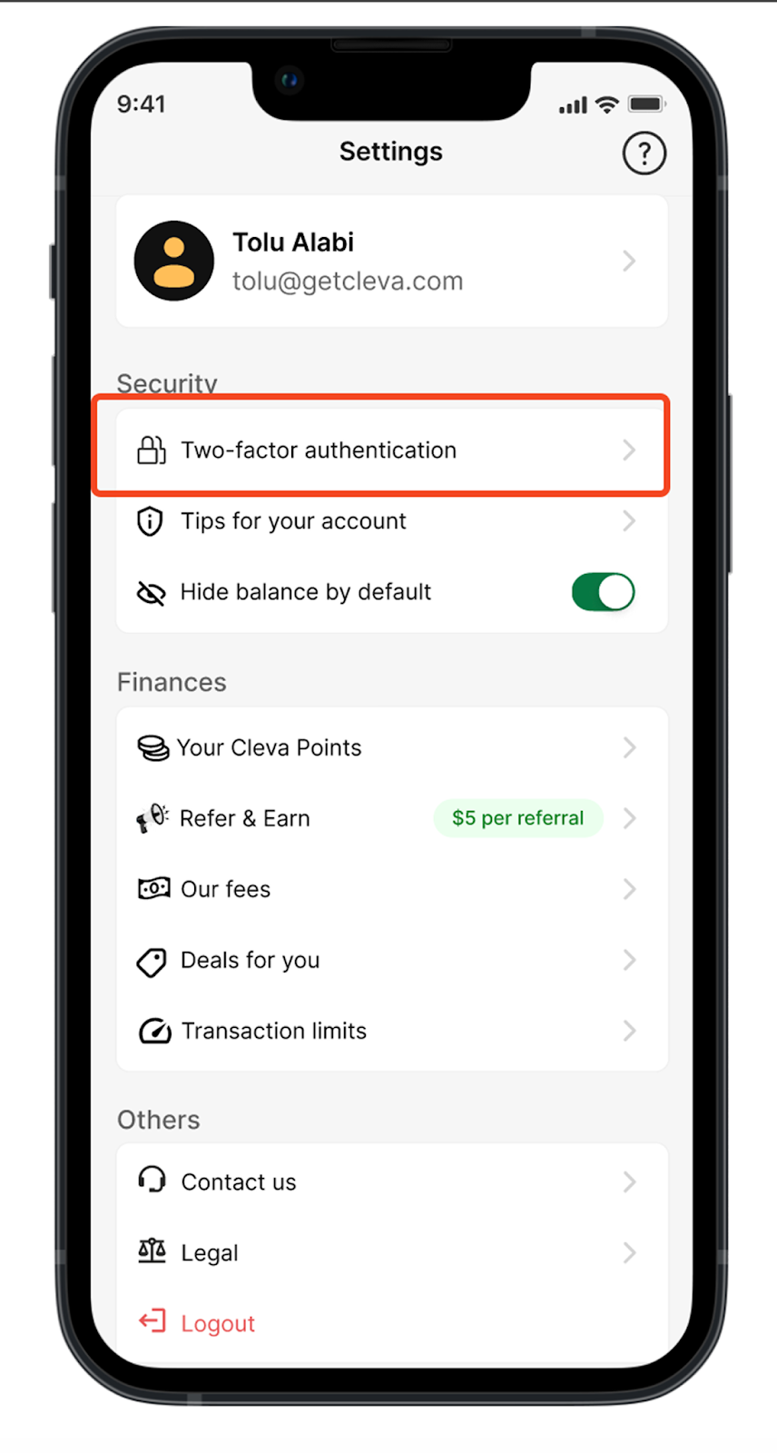 An app screen showing where to find 2FA under "Settings".