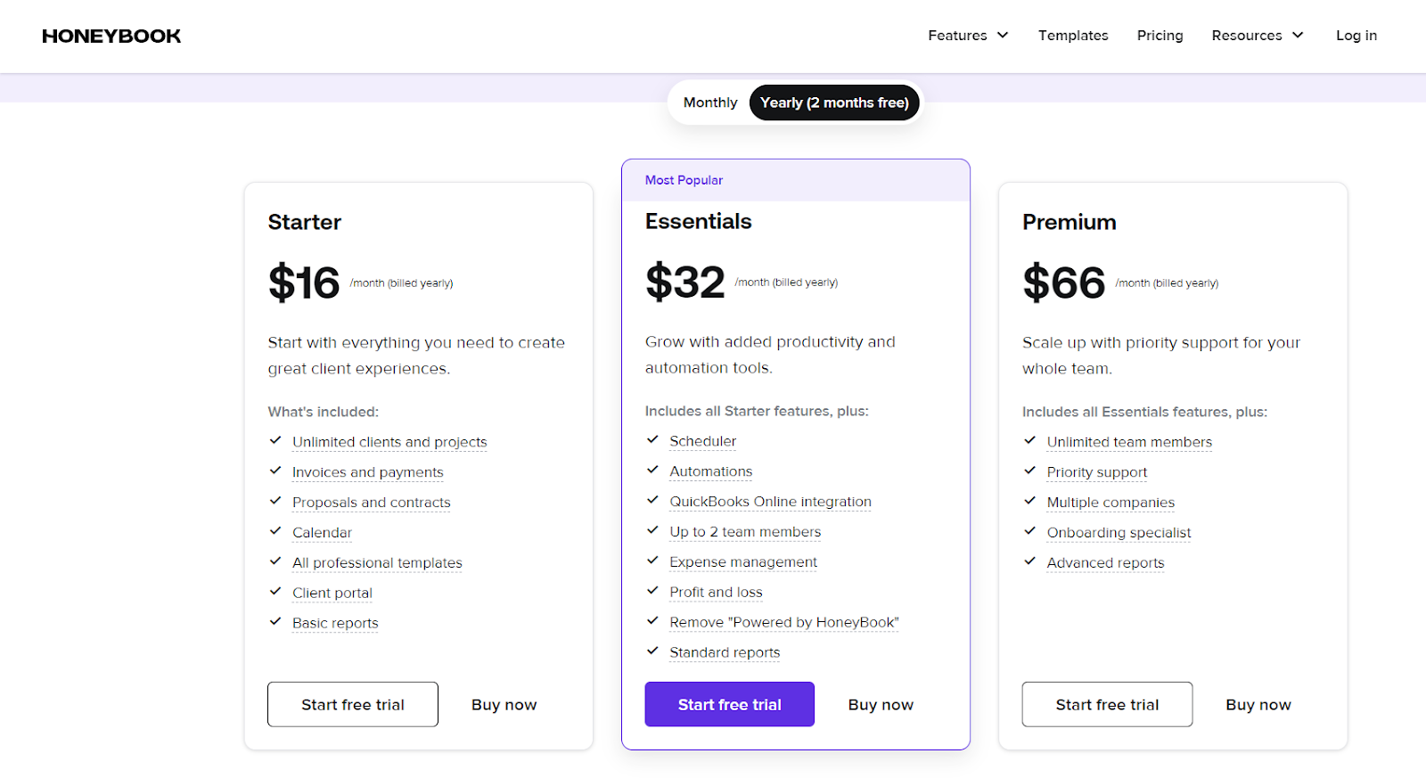 HoneyBook Pricing