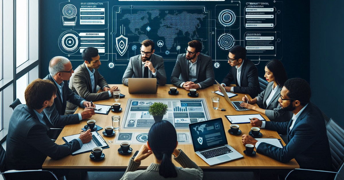 A group of business professionals in a conference room discussing cybersecurity strategies, with digital screens displaying global security data and analytics in the background.