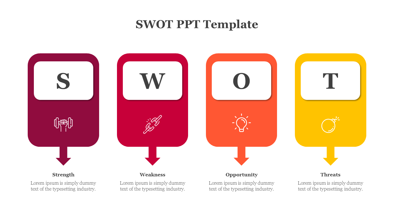 SWOT PPT Template with colorful sections for Strength, Weakness, Opportunity, and Threats, featuring icons and text placeholders