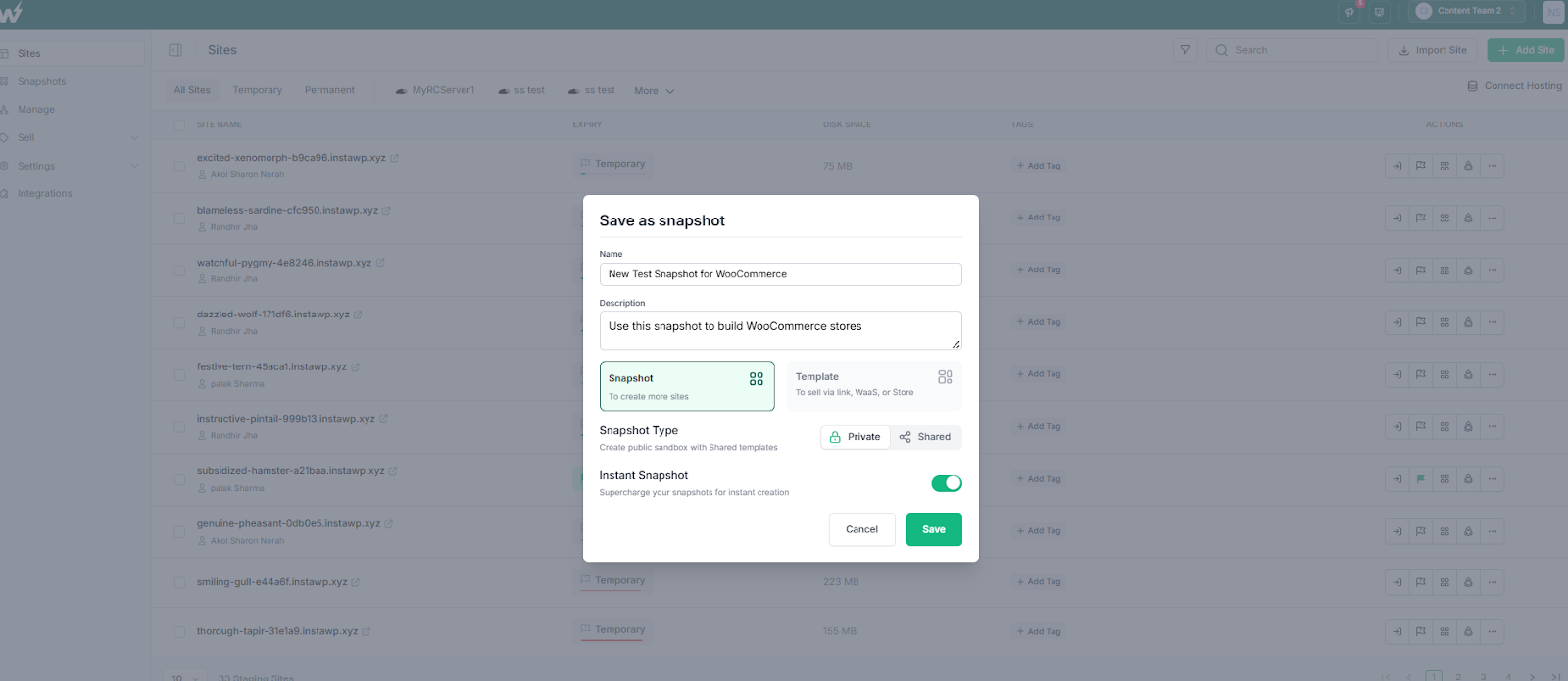 Save a site as Snapshot