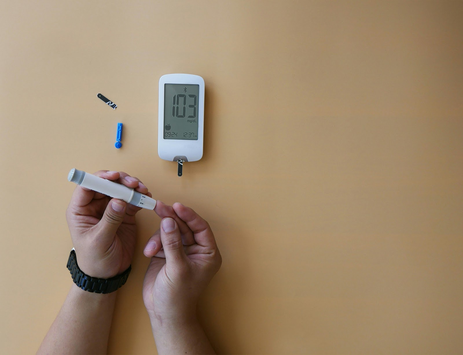 Diabetes management chart with glucose monitor and medications