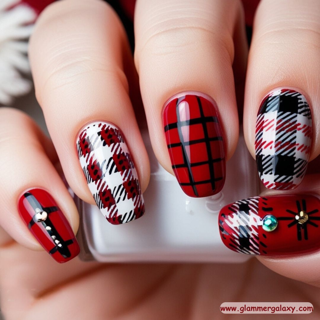 Red Winter Nail Designs having Cozy Plaid





