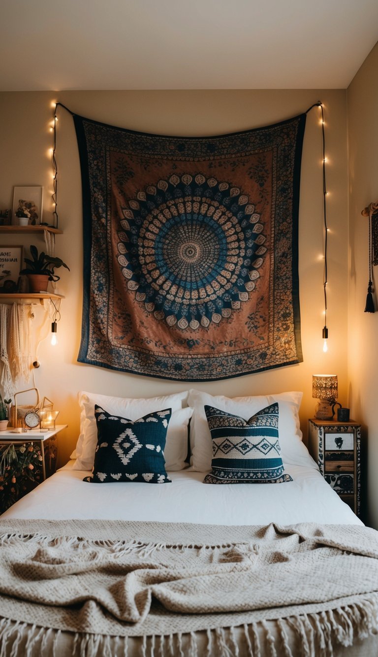 A cozy bedroom with a vintage boho tapestry hanging on the wall. The room is filled with eclectic decor and soft, warm lighting