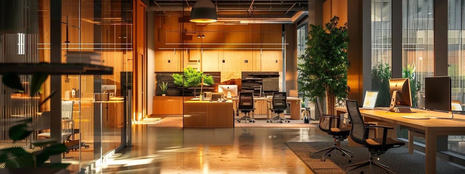 a sleek office interior in chiswick showcases a modern architectural model made from recycled materials, illuminated by sophisticated light fixtures, reflecting a commitment to sustainable and innovative design.