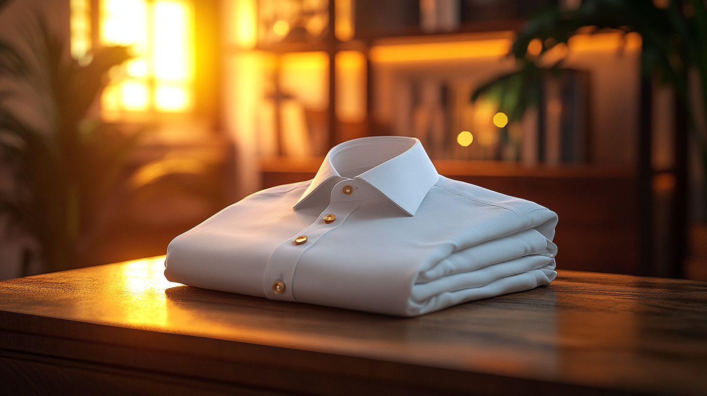 
A neatly folded, overly bright white dress shirt placed on a polished wooden surface. The fabric is crisp, with sharp folds reflecting harsh courtroom lighting, creating a slightly distracting glare. The background is dimly lit and formal, emphasizing the stark brightness of the shirt. Ultra-realistic, 4K resolution, highly detailed fabric texture, cinematic lighting