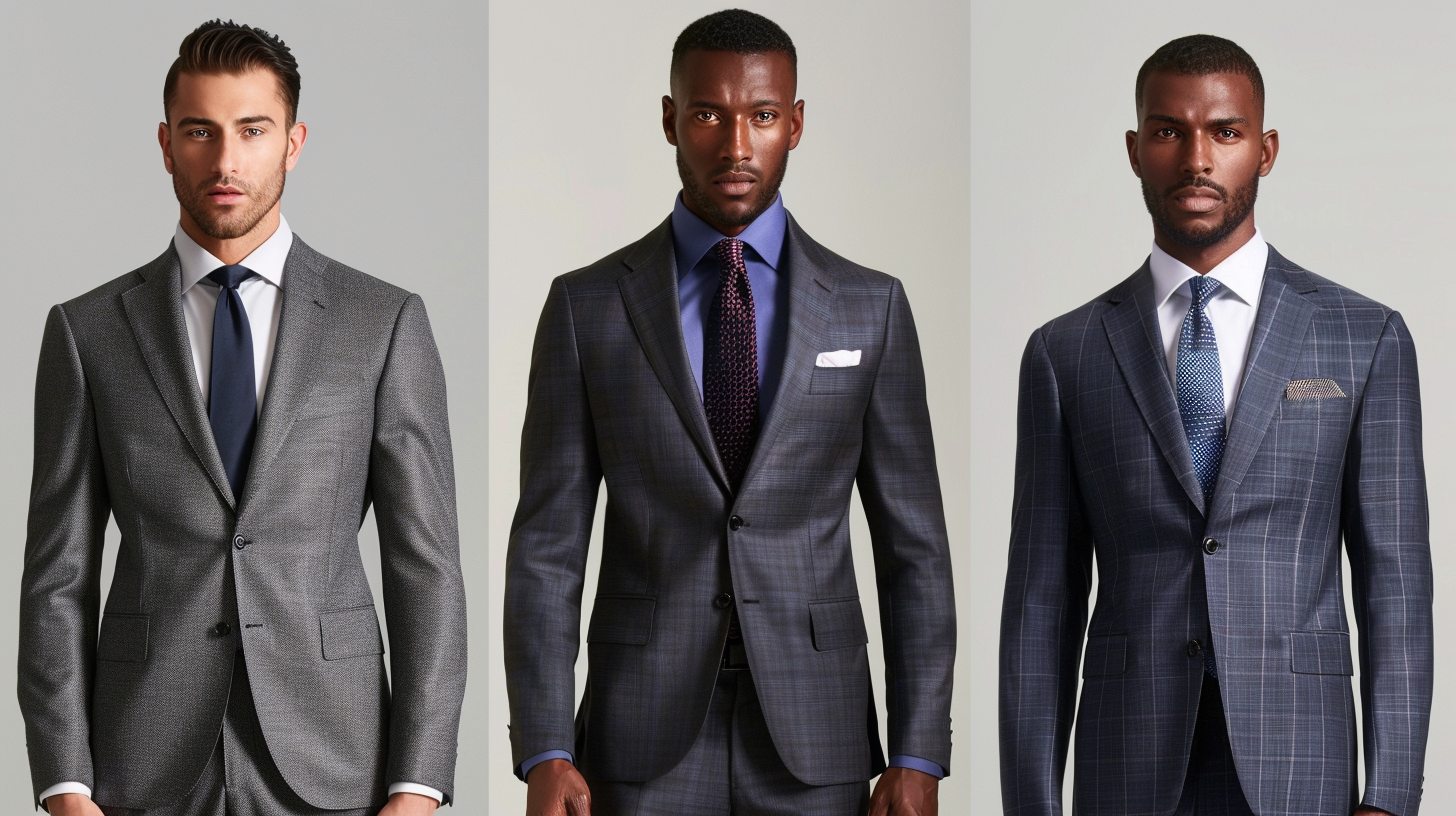 Three men side-by-side, each wearing a different suit fit: slim fit (sharp, tailored silhouette), modern fit (balanced and clean), and classic fit (roomier, traditional cut). Neutral tones like navy, gray, and black. Minimal background to highlight the suit shapes and styling differences.