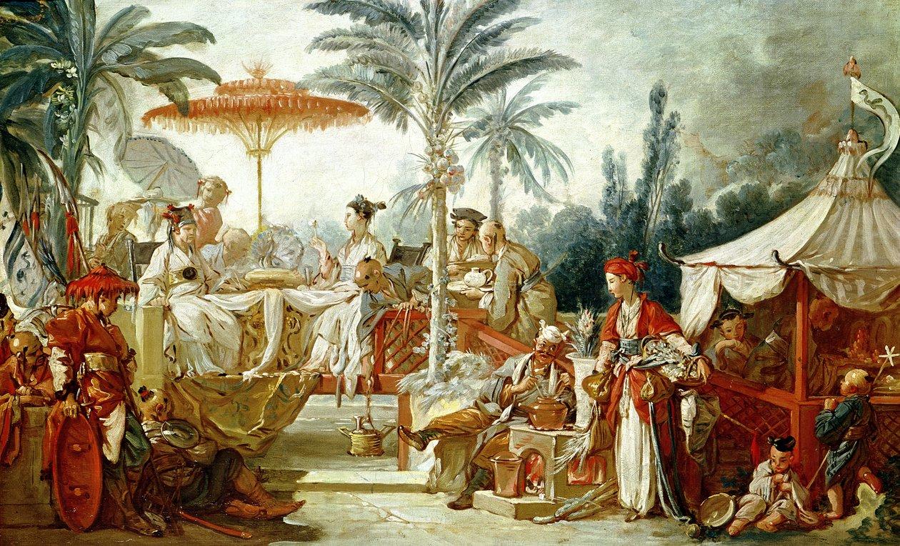 A painting of people sitting at tablesDescription automatically generated