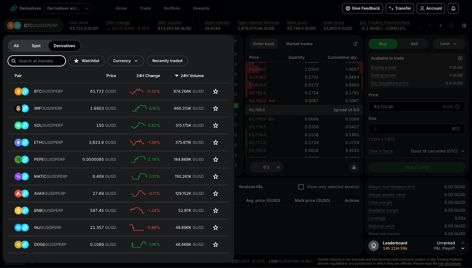 The Gemini derivatives user interface and some available futures contract.