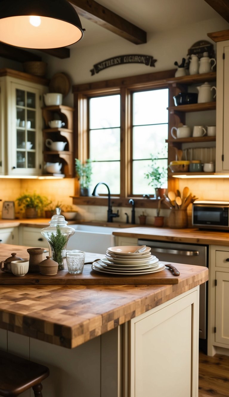 A cozy farmhouse kitchen with butcher block countertops, adorned with rustic decor and vintage kitchenware. Warm lighting and a homey atmosphere complete the scene