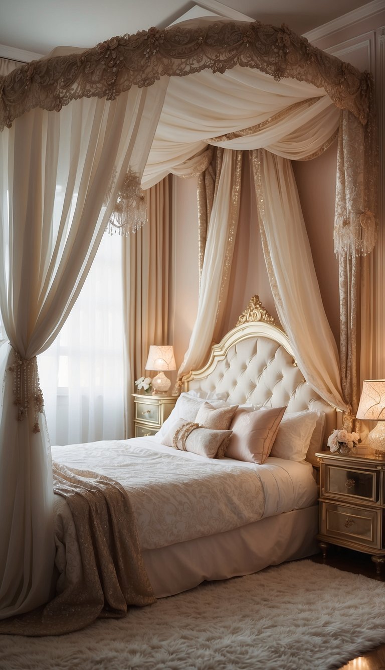 A luxurious canopy bed with flowing curtains, adorned with sparkling jewels and delicate lace, set in a grand princess bedroom