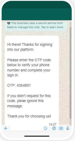 An OTP Message on WhatsApp to guests for secure login to a hotel website.