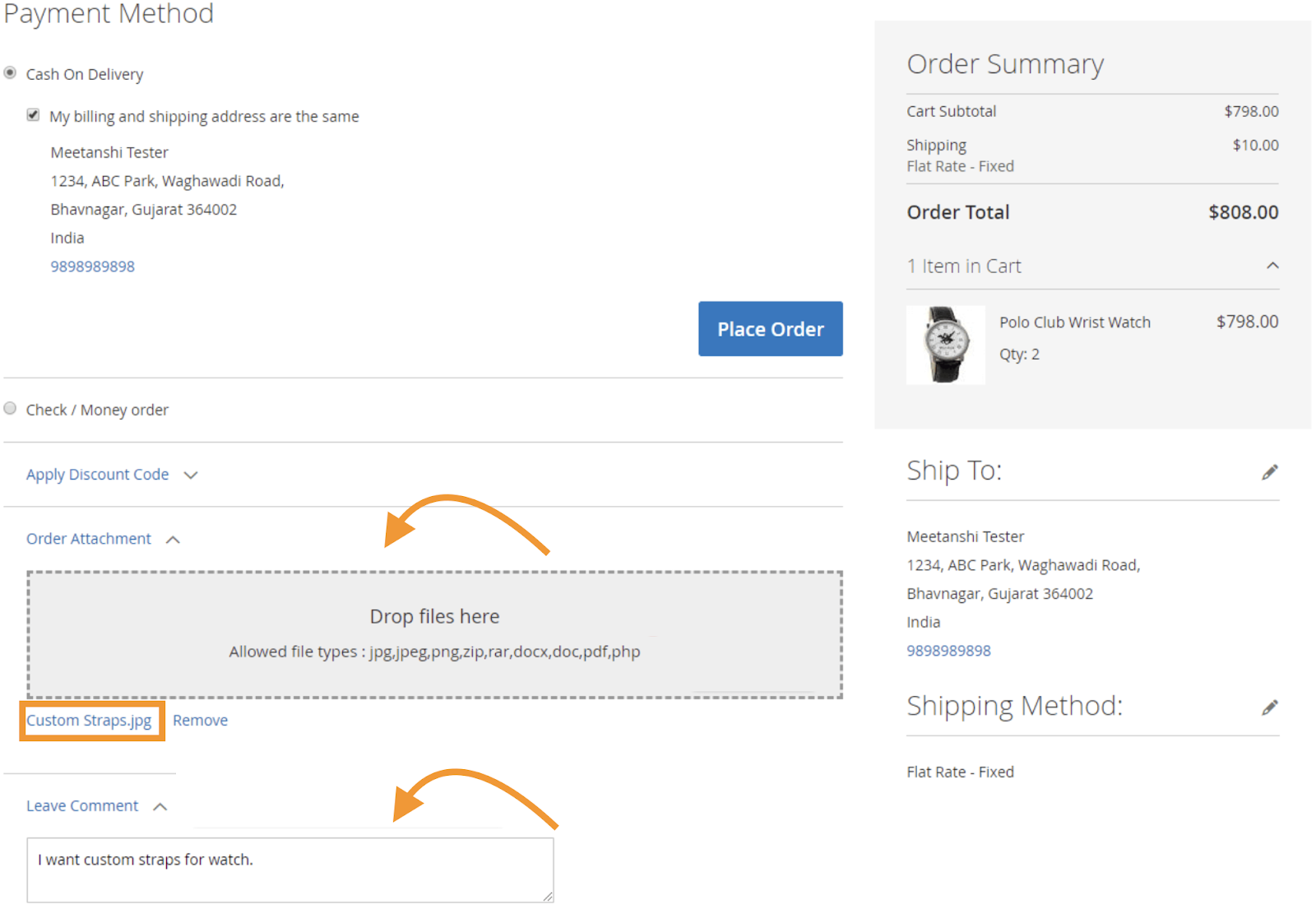 Order attachment feature on the checkout page