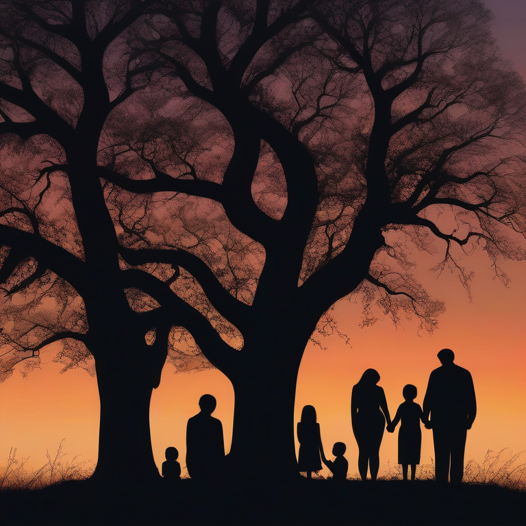 A grieving family stands under an oak tree at sunset with a candle to signify remembrance.