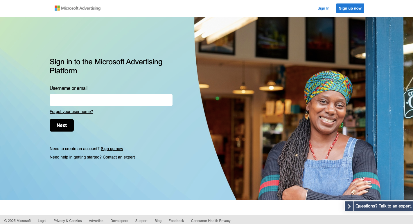 Microsoft Advertising login screen for managing search and display ad campaigns, with access to keyword targeting and cost controls.
