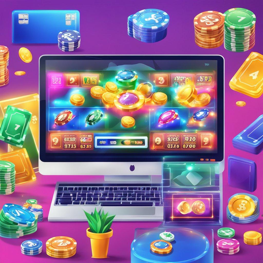 A vibrant online casino scene with various payment method logos displayed prominently on a computer screen