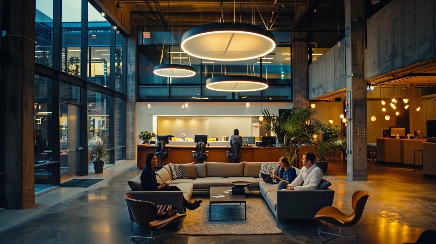 a dynamic urban office space illuminated by sleek, modern lighting showcases a team of professionals intently discussing mobile optimization strategies on digital devices, symbolizing the drive to enhance website speed for businesses in potrero.