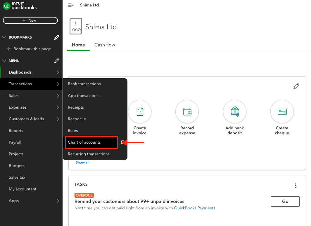 Creating Clearing Account on QuickBooks Online step 1