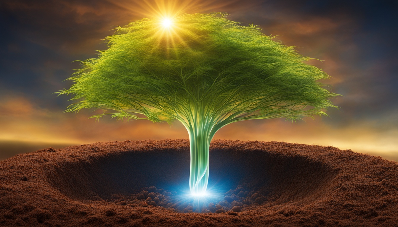 An image of a seed being planted in fertile soil, with rays of sunlight shining down on it. The seed is surrounded by a glowing aura of potential and possibility. Show the roots of the plant spreading deep into the earth, symbolizing the foundation of trust and belief. On the surface, depict the plant growing tall and strong, representing the manifestation of ideas coming to life. Use warm, vibrant colors to convey positivity and abundance.