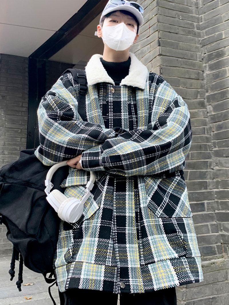 korean mens fashion: Plaid Statement: Oversized Outerwear with Shearling Details and Minimalist Accents