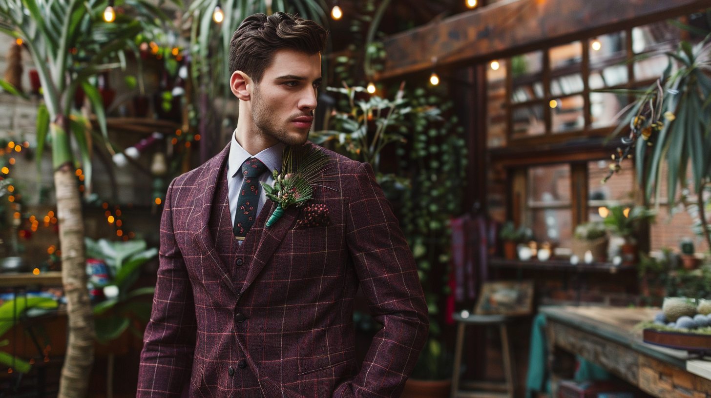 A man in a burgundy or forest green patterned suit with a soft neutral shirt and complementary tie, set in a non-traditional wedding venue with stylish décor. Bold, modern, and unique.