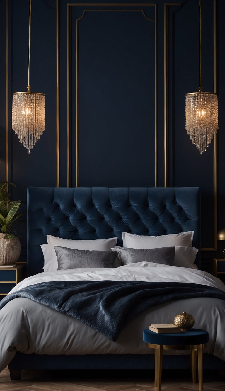 A navy velvet headboard stands against a dark blue bedroom wall, surrounded by luxurious decor and soft lighting